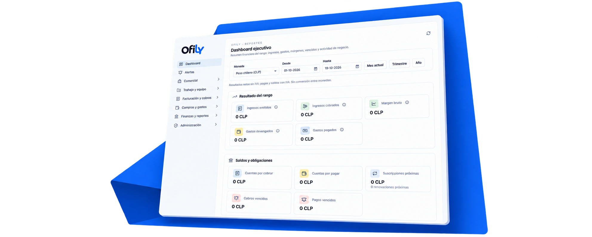 Vista ilustrativa del dashboard de Ofily sobre un pliegue azul